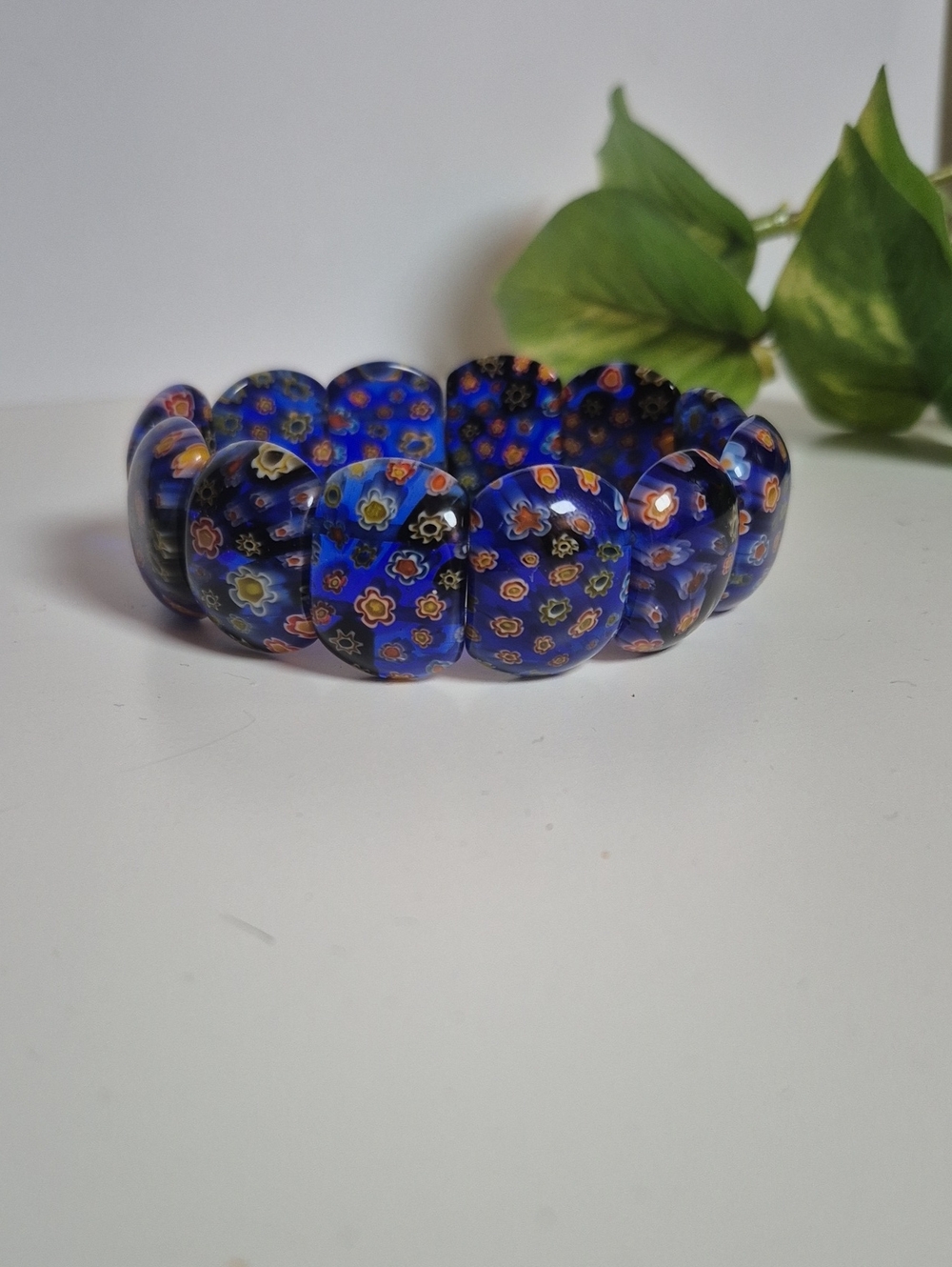 Blue Floral Murano Glass Stretch Bracelet